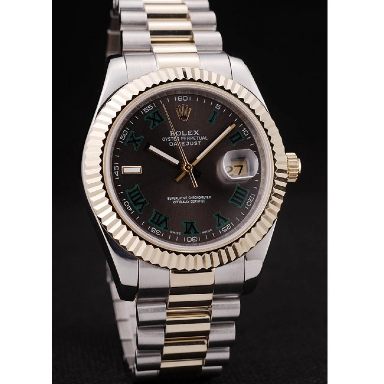 Aaa replica Rolex Bezel Brown Pattern DateJust Ribbed Gold Dial 0717